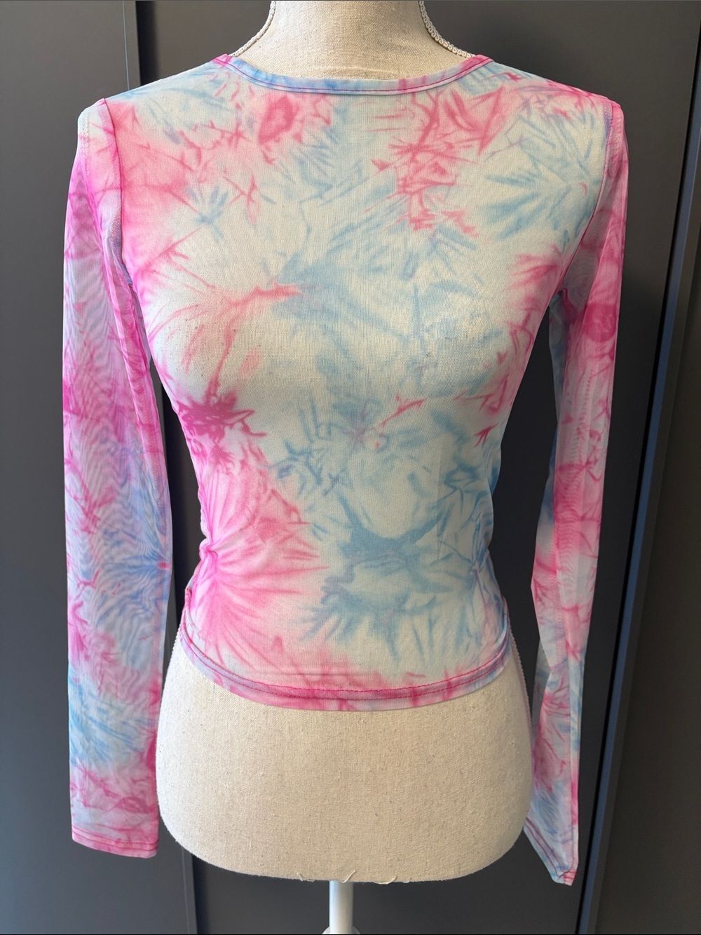 Tiger Mist Sheer Mesh Long Sleeve Tie-Dye Crewneck Top - Pink & Light Blue